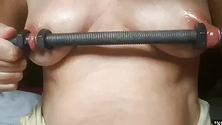 nippleringlover - kinky milf inserting 16mm rod in extremely stretched nipple piercings part 2