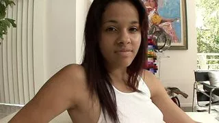 Petite brunette gets her pussy pounded on the sofa