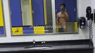iacovos naked in public gym locker room in Athens, Greece, showing off big hairy Greek cock