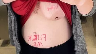 Sexy Chubby BBW Flashes her Bound Nipples With Body Writing in Public Restroom!