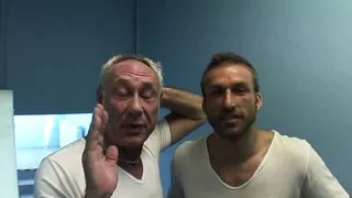 Slutty blonde shoves two cocks into her deep throat