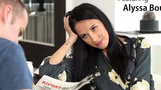 horny brunette alyssa bounty seduces bf for sensual blowjob  and cock ride