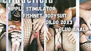 Naughty Mirelladelicia playing nicely with accessories, dildo 20X3, black fishnet bodysuit, nipple stimulator and anal p