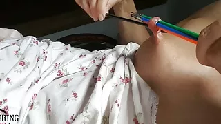 nippleringlover horny milf inserting multiple sticks in extreme stretched nipple piercing