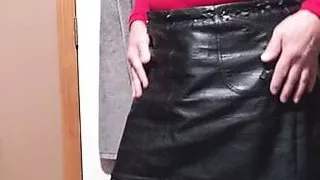 New leather skirt. Masturbating and cumming on my pantyhose - Crossdressed.