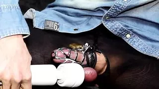 ruined cumshot in chastity cage