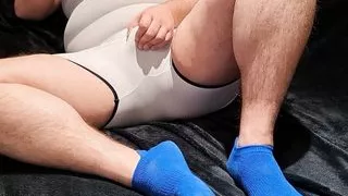German Chubby Men Jerk off in bodysuit and cute toe socks (Horny Underwear)