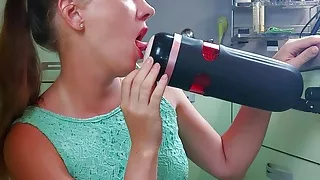 Girl try to simulate a threesome and test an amazing sex toy - male masturbator