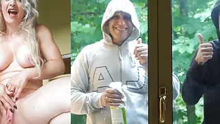 Mom pissing while two idiots watching her