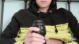 Rubbing big cock with toy