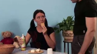 Stacy Myauk brunette teen masturbates and fucks cock