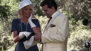 Gorgeous blond chick takes care of his hard cock outdoors