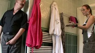 Teen girl sucking and riding horny old man's dick