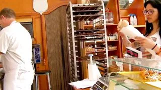 Brunette Raquel Abril with glasses getting cummed on