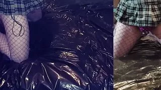 Femboy Maray Laff electro-stims caged cock to orgasm