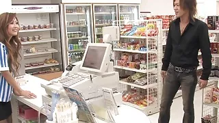 Beautiful Japanese store clerk gets fucked by 3 customers during opening hours