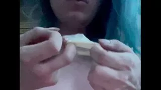 Tranny Briar jacks off and eats her cum