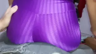 Lap dance with cum in jeans, cumming in his jeans pants for her bouncing big ass in spandex shorts