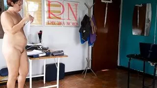 Nudist secretary. Naked employee in the office. Nude bitch is not shy about her boss. Nude office. Tits, nipples, ass, 2