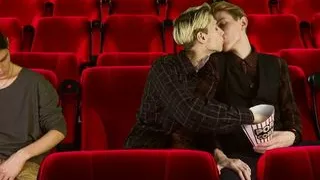 Cinema hall. Group Sex. 3some 2 tops 1 bottom