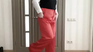 Sissy secretary in silk satin red wide leg trousers, high heels and school office blouse waiting her wife to be fucked