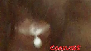 Close-up of wife having stuffed pussy overflowing with sperm