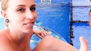 German skinny amateur teens have ffm threesome outdoor in pool POV