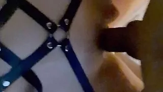 Blowjob, masturbation & fuck in leather harness. Amateur couple tries soft BDSM in homemade sextape fetish