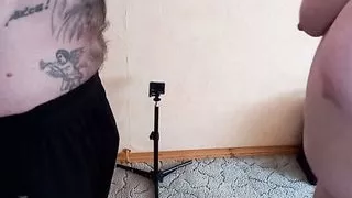 milf jerks off my dick and gets a shot of cum in her face and on her tits