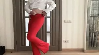 Flared red trousers and white crop blouse on tranny crossdresser femboy sissy ready for secretary job and school party