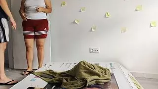 Fucking friend's mother through a hole in a box