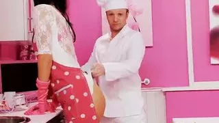 Chef pussy eating before assfucking a small tits brunette