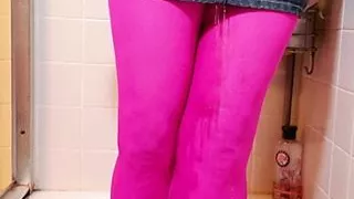 Crossdressed pissing my pantyhose miniskirt shoes and leotard.