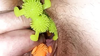 DoggyStyle With Perfect Ass Tied to bed, Gaped Pussy Stuffed with Stretchy Alien Toys