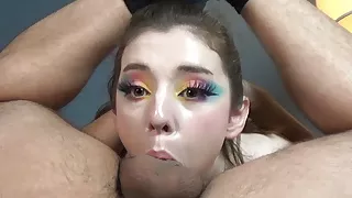 She Shows Off the First Squirt of Cum Before Taking His Big Pulsating Cock Down her Throat