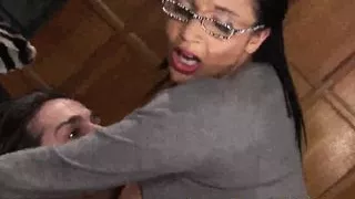 Facial for a big tits brunette lawyer in lingerie