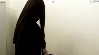 Police officers examine a brunette’s tight pussy