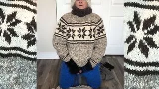 Mohair Wool Turtleneck Sweater Jumper Fetish, sweatpants, wool mittens, white mohair cap