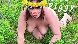 A Naked Pig, Crawling On The Lawn, Grunting, Puts Dandelions In Her Hairy Asshole