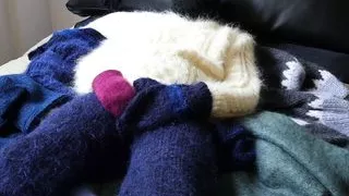 Sweater Jumper Mohair Fetish... extra fuzzy... mohair and Angora - sweater pants on a big sweater bed