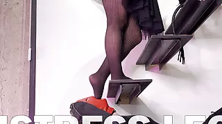 Worshipping Mistress’s Ass And Feet In Sexy Black Fishnets On The Ladder