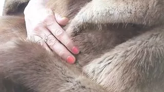 little bitch with long labia pussy lips masturbates in a fur coat on the balcony