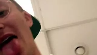 Twink jerk in public toilet and cum on random guy