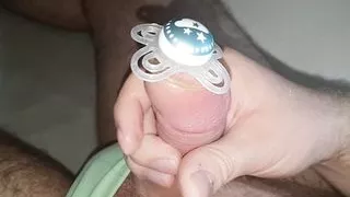 Binky Pacifier + steel rod sounding with condom, condom in urethra, cum