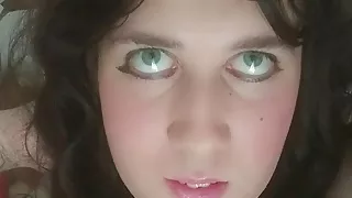 Dark haired sissy Annarios rubs her big cock and eats cum