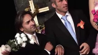 Three sexy busty lesbians prepare their pussies for three cocks