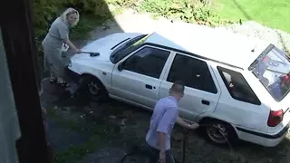 He fucks blond mother in law in the backyard