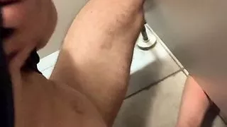 Twink jerks in public toilet stall and grabs random guy’s big dick and makes him cum