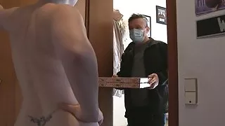 German Milf is naked at the door for the pizza delivery man