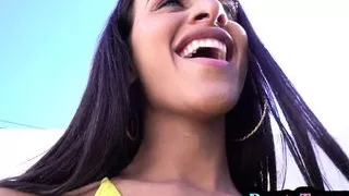 Twerking Latin tgirl blowing cock before bareback sex